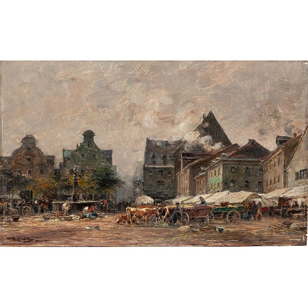 Karl Stuhlm&uuml;ller (M&uacute;nich, 1859 - 1930) "Mercado con ganado"