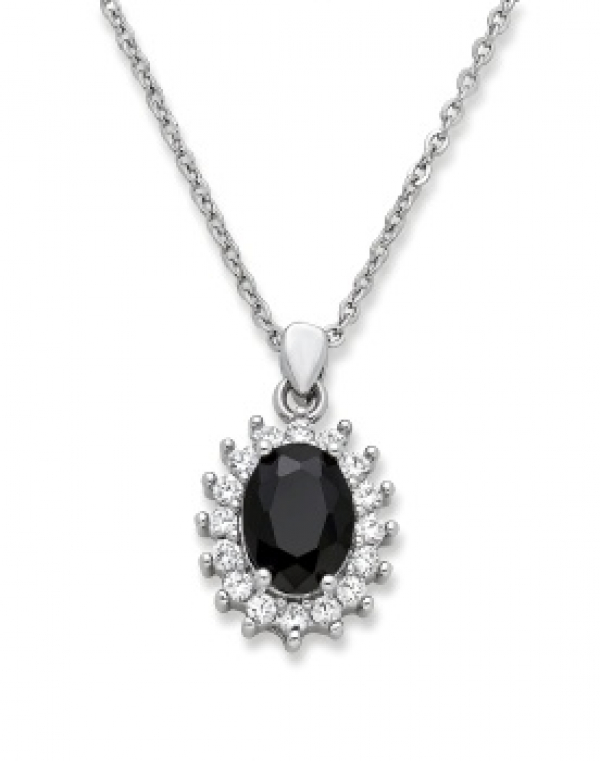 Cadena y colgante en plata con &oacute;nix central y orla de zafiros blancos