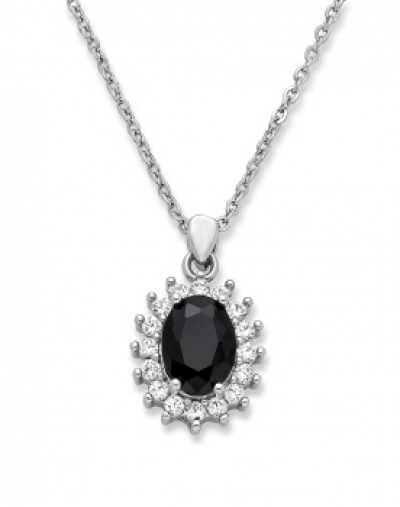 Cadena y colgante en plata con &oacute;nix central y orla de zafiros blancos