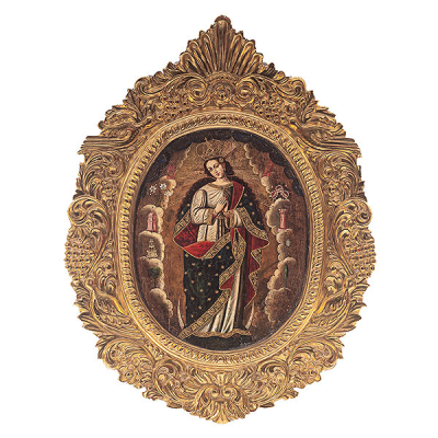 Escuela virreinal, Cuzco, Perú, fles. del s.XVII.  Inmaculada Concepción con letanías.  Óleo sobre tabla. 