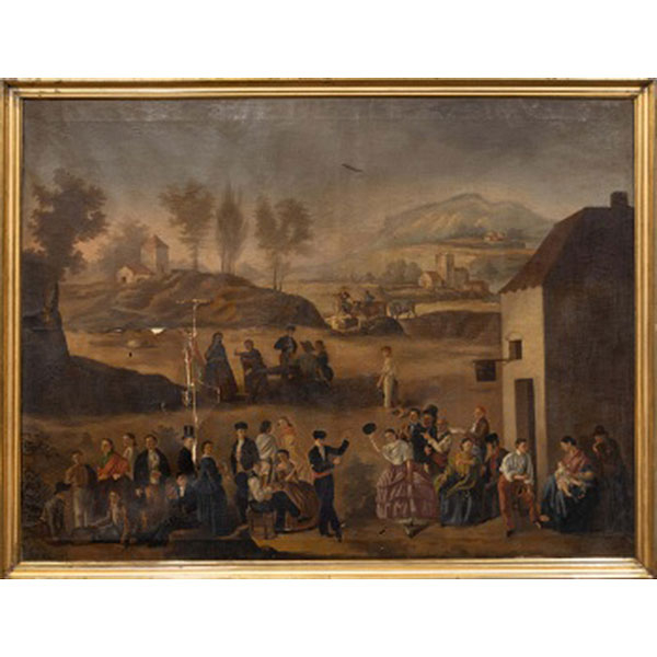  ESCUELA ANDALUZA  (S. XIX) "Día de feria con personajes bailando y vista de ciudad al fondo"