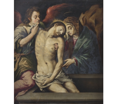 ESCUELA HISPANOFLAMENCA, SIGLO XVI.  Cristo muerto con la Virgen y ángel. 