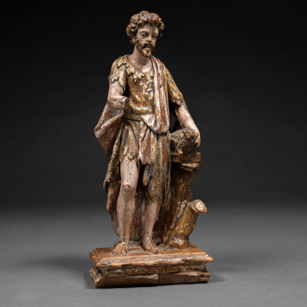 &quot;San Juan Bautista&quot; Escultura de bulto redondo en madera tallada y policromada. Trabajo español, Siglo XVI