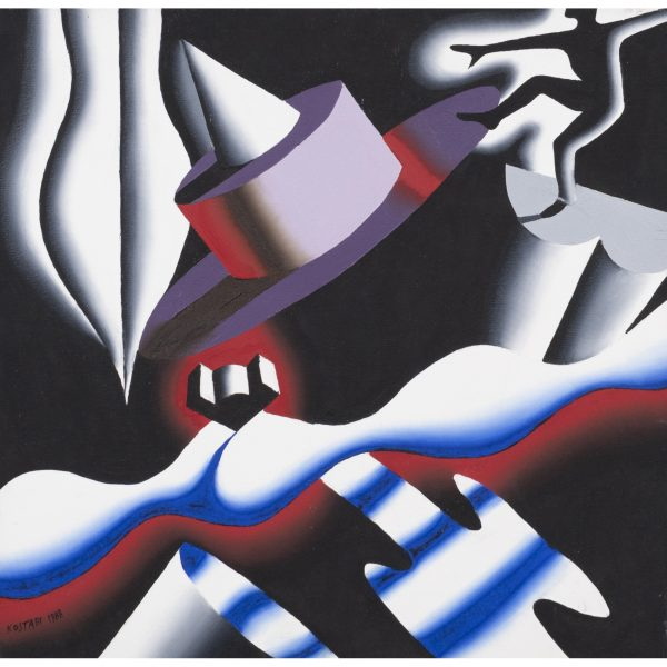 Mark Kostabi (Los Ángeles, EE.UU., 1960)  Far Out.  Óleo sobre tela. Firmado y fechado en 1988.  