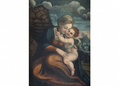 PEDRO DE MACHUCA (h. 1490-1550)  Virgen María con Jesús en su regazo sobre fondo de paisaje. 