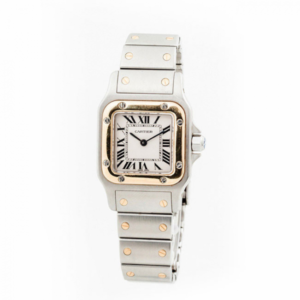 Reloj suizo, sra. CARTIER Santos Galb&eacute;e (ref: 1057930) en caja de acero, 24 mm, con bisel de oro amarillo 18 K.