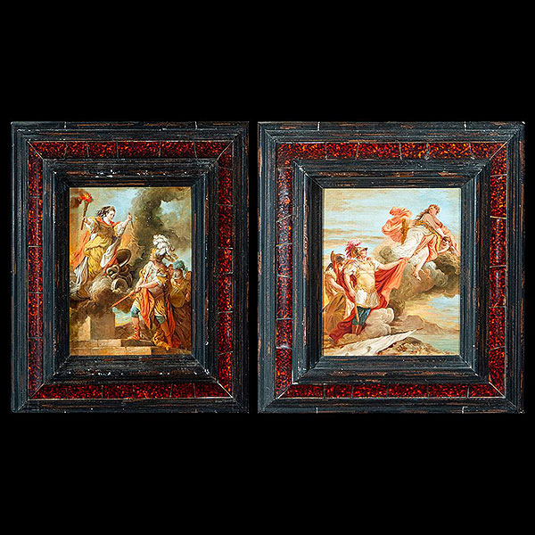 Escuela Francesa del siglo XVIII - Pareja de cobres de escenas mitológicas (Despedida de Venus a Eneas, "Mademoiselle" Clairon como Medea).   Óleo sobre cobre.