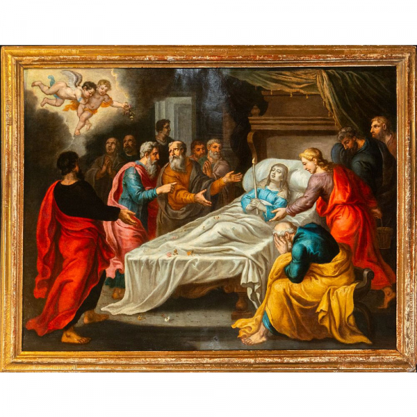 "El tránsito de la Virgen" Maestro flamenco de Amberes, Siglo XVII.   Óleo sobre cobre.