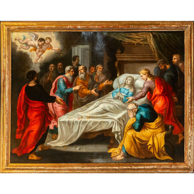 "El tr&aacute;nsito de la Virgen" Maestro flamenco de Amberes, Siglo XVII.   &Oacute;leo sobre cobre.