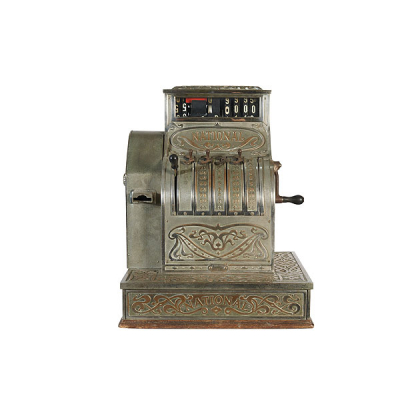Máquina registradora National en bronce plateado con decoraciones Art Noveau, c.1900-1920. 