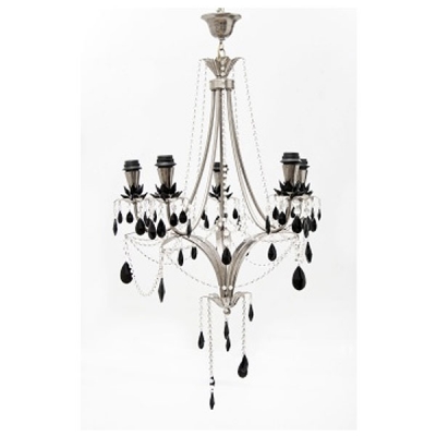 Lámpara de techo en acero con perlas en cristal tallado, lágrimas y flores en cristal negro. Estilo luis XVI.