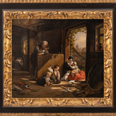 &quot;Niños jugando con gatitos&quot;  ESCUELA HOLANDESA, Siglo XIX