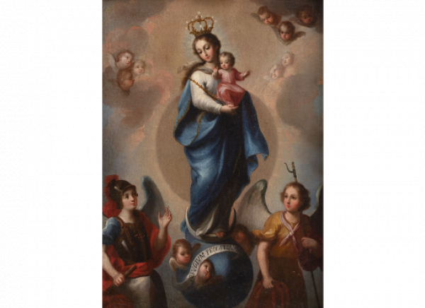 JOSE IBARRA (Guadalajara, 1685 - Ciudad de Méjico, 1756).  Inmaculada Concepción con el Niño, San Miguel arcángel y San Rafael. 