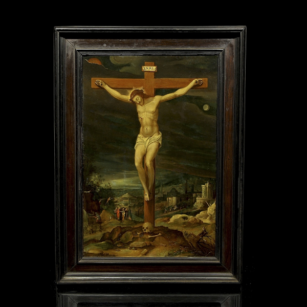 Escuela Flamenca s.XVII "Cristo en la cruz". Óleo sobre cobre 