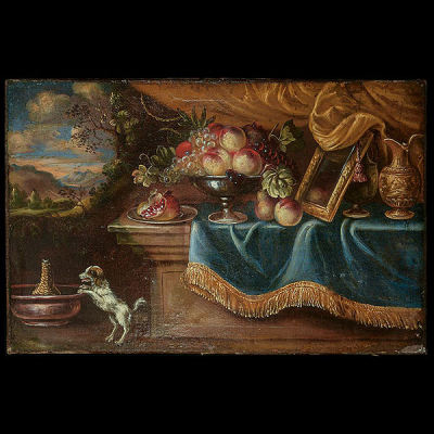 Exquisito Bodegón de Trofeos, Frutas y Perro, atribuído a FRANCESCO NOLETTI, LLAMADO IL MALTESE (VALLETTA C. 1611 - ROMA, 1654), escuela italiana del siglo XVII.