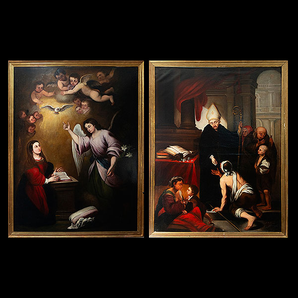 Pareja de copias de BARTOLOMÉ ESTEBAN MURILLO - La Anunciación y Santo Tomás, siglo XIX.