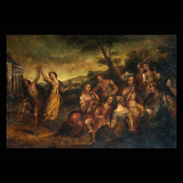 Gran Cobre Flamenco representando escena de baile, escuela flamenca del siglo XVII - XVIII.  