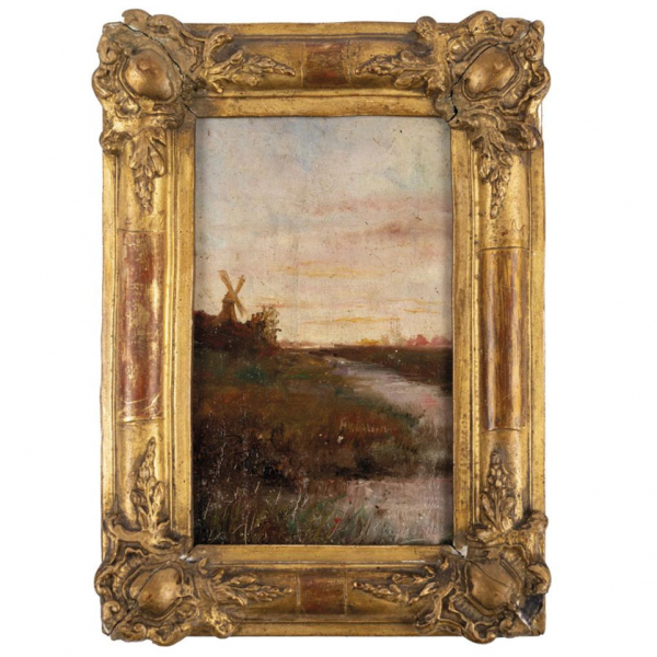 Escuela Europea Ff. S. XIX. "Paisaje holandés con molino". Óleo sobre tabla.