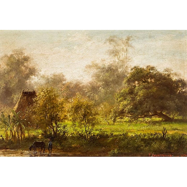 Félix Resurrección Hidalgo.  "Orilla del río Pasig, Manila".