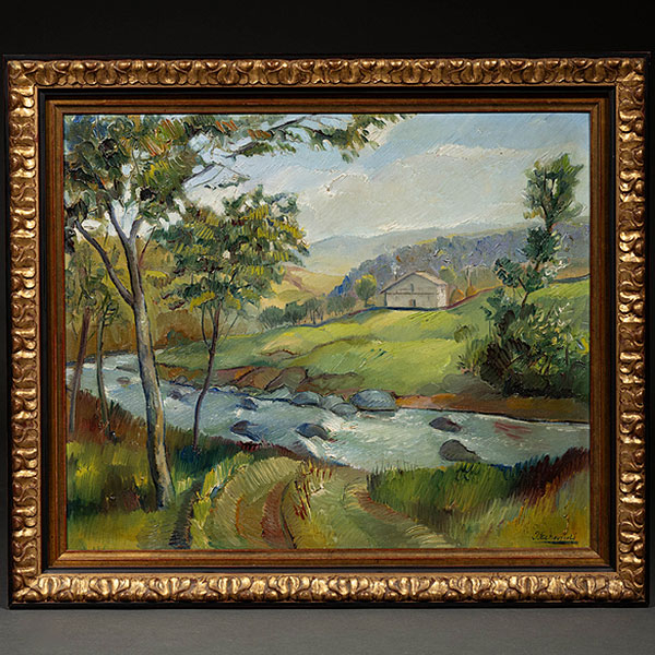 "Paisaje con caser&iacute;o y r&iacute;o"   IGNACIO ECHANDI (San Sebasti&aacute;n, 1912-1953) 