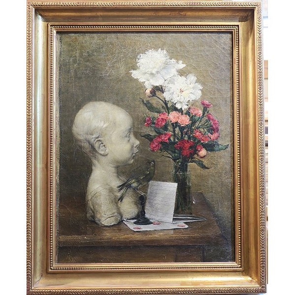 Escuela Francesa S.XIX "Bodegón con busto de niño y jarrón de claveles"