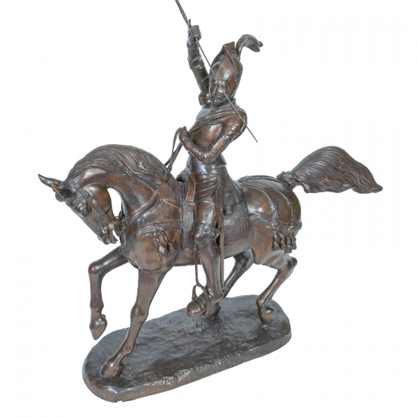 Escuela europea, s.XX. Siguiendo modelos de Antoine-Louis Barye (París, Francia, 1795-1875).  Carlos VI sorprendido en el bosque de Mans.  Escultura en bronce patinado. Firmada.