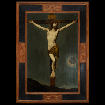 Cristo en la Cruz, escuela de Amberes del siglo XVII, trabajo flamenco sobre tabla.