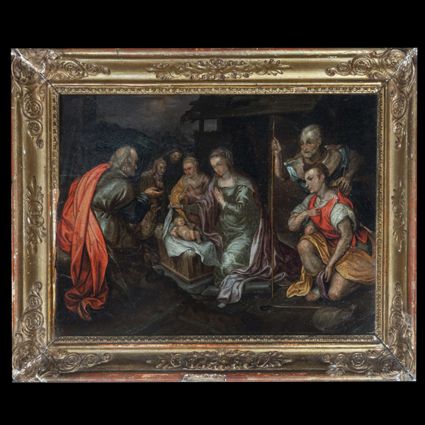 Atribuido a Federico Barocci (1535 - 1612), ADORACIÓN DE PASTORES - Óleo sobre tabla, siglo XVII.