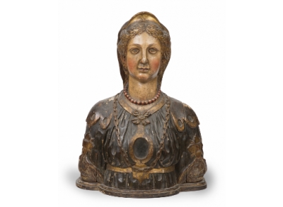 Santa Mártir. Busto relicario en madera tallada, policromada y dorada. Trabajo español, S. XVII.