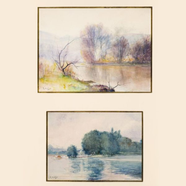 Félix Resurrección Hidalgo.  "17 vistas de paisajes". Lote formado por diecisiete acuarelas sobre papel.