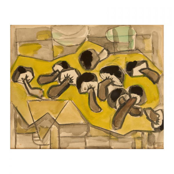 Francisco Bores (Madrid, 1898-Paris, Francia, 1972) Bodegón de setas. Técnica mixta y acuarela sobre papel.
