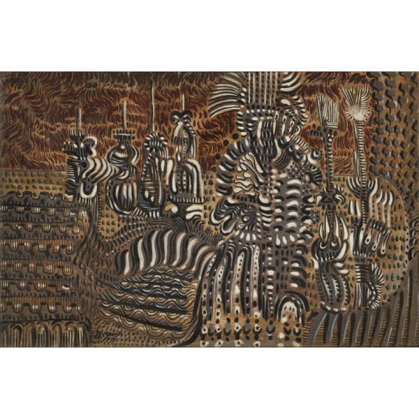 Eugenio Granell (1912 - 2001) &quot;Ceremonia del encuentro de los Reyes (1959)&quot;. Óleo sobre lienzo. Firmado y fechado (1959) en el ángulo inferior izquierdo.