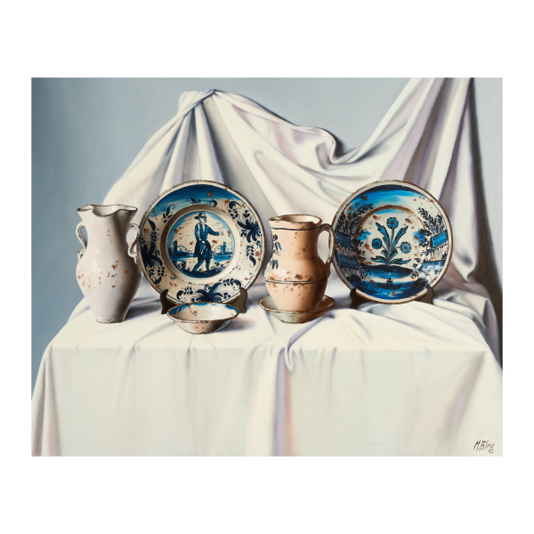 Manuel Blesa (Teruel, 1945)  Bodegón de ceramicas antiguas.  Óleo sobre tela.  