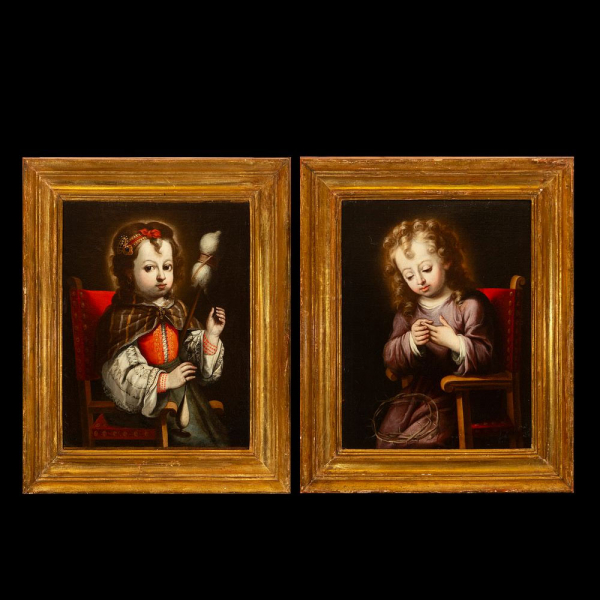Atribuidos a Josefa de Ayala (1630-1684) "Virgen del Huso" y "Santo Niño de la Espina".   Escuela barroca portuguesa del siglo XVII, pareja de óleos sobre lienzo.