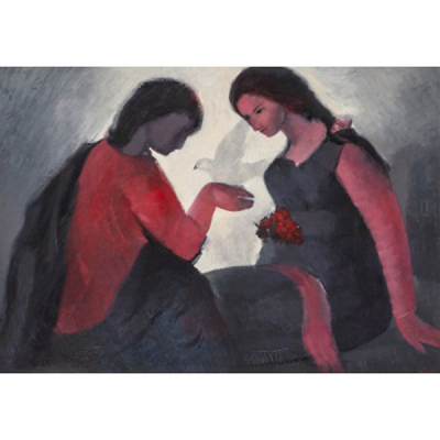 JOSÉ BARCELÓ ALBADALEJO  (Cartagena, Murcia 1923 - Bilbao 2001) &quot;Jóvenes con paloma&quot; Firmado: José Barceló 81 Óleo / Lienzo 