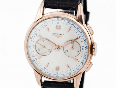 Reloj cronógrafo vintage, cab., suizo LONGINES, en oro rosa 18 K 