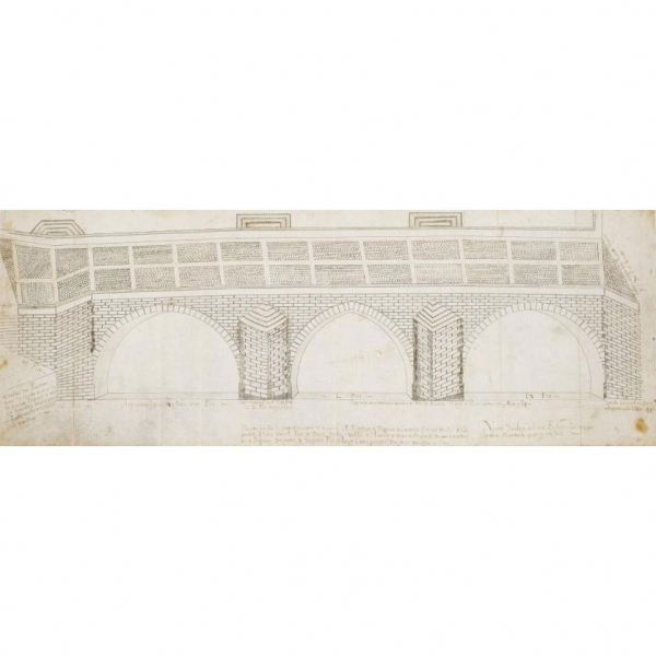 VILLA DE ARANDA. PUENTE SOBRE EL RÍO DUERO. 1575.- Dibujo a tinta sobre pergamino 