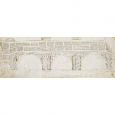 VILLA DE ARANDA. PUENTE SOBRE EL RÍO DUERO. 1575.- Dibujo a tinta sobre pergamino 