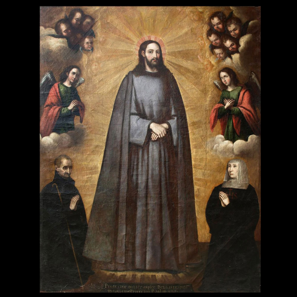 Diego Valentín Díaz, Escuela Barroca Española del siglo XVII - Cristo en Majestad con Ángeles y Santos.    Óleo sobre lienzo.