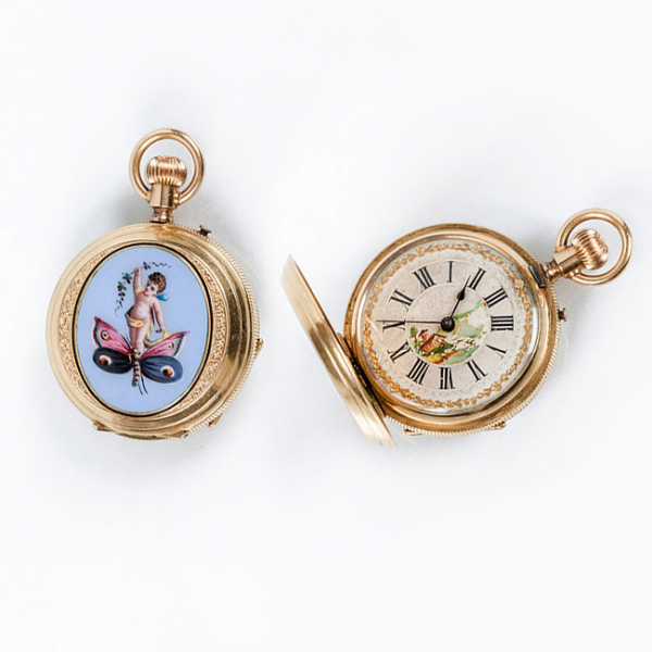 Reloj lepine suizo, de dama, BOREL - Geneve, en caja de tres tapas de oro amarillo 18 K (nº 11720418) con bellos esmaltes