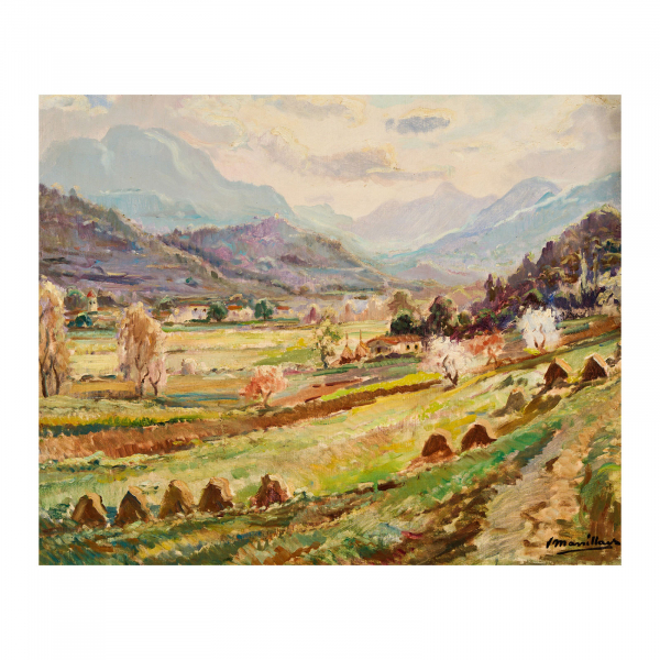 Joaquim Marsillach Codony (Olot, Girona, 1905-1986) Paisaje con almiares. Óleo sobre tela. Firmado.
