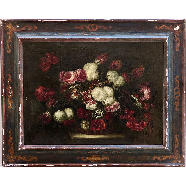 Atribuido a Bartolomé Pérez de la Dehesa "Bodegón con cesto de flores sobre una repisa"