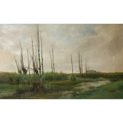 Eliseo Meifr&eacute;n i Roig (Barcelona, 1859-1940)  Vista rural.  &Oacute;leo sobre tela. Firmado.