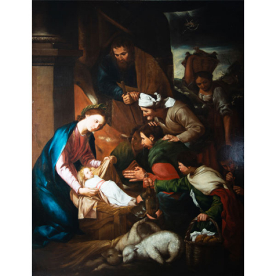 &quot;Adoración de Pastores&quot;, magnífico óleo sobre lienzo, escuela española o napolitana del siglo XVII. 