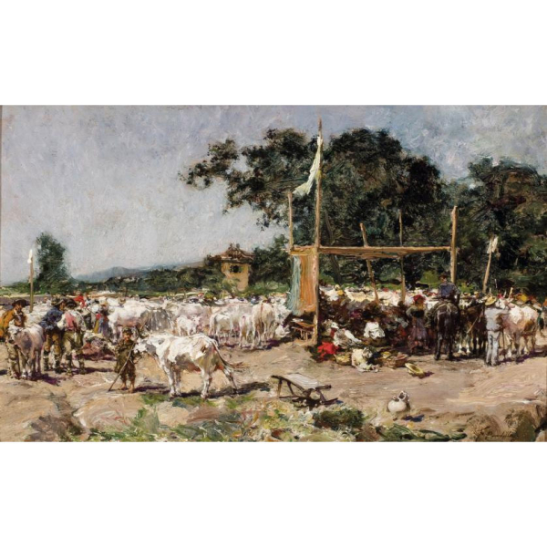 Francisco Pradilla Ortiz. "Ganado". Óleo sobre tabla. Firmado y localizado (Roma) 