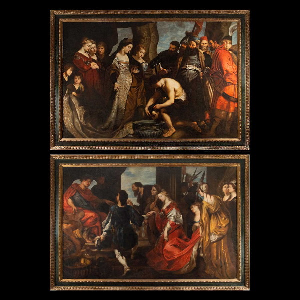 TALLER DE PEDRO PABLO RUBENS, escuela flamenca del siglo XVII. Monumental Pareja de Óleos sobre lienzo.