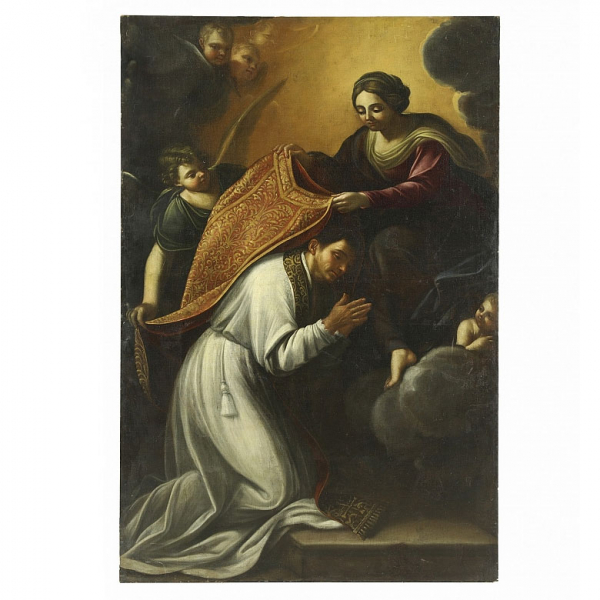 Escuela española s.XVII "La imposición de la casulla a san Ildefonso".   Óleo sobre lienzo. Pintura de época con restauraciones.