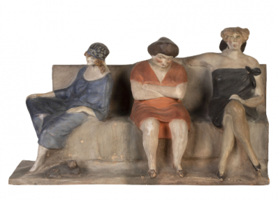 SEBASTIÁN MIRANDA.  Las Suripantas (o las Siete Virtudes), h.1910-20.   Diez figuradas sentadas en barro policromado