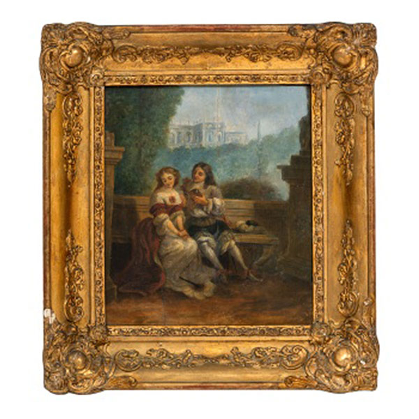 ESCUELA FRANCESA     (S. XIX)  "Escena galante en el jardín del palacio "  Óleo / Tabla 