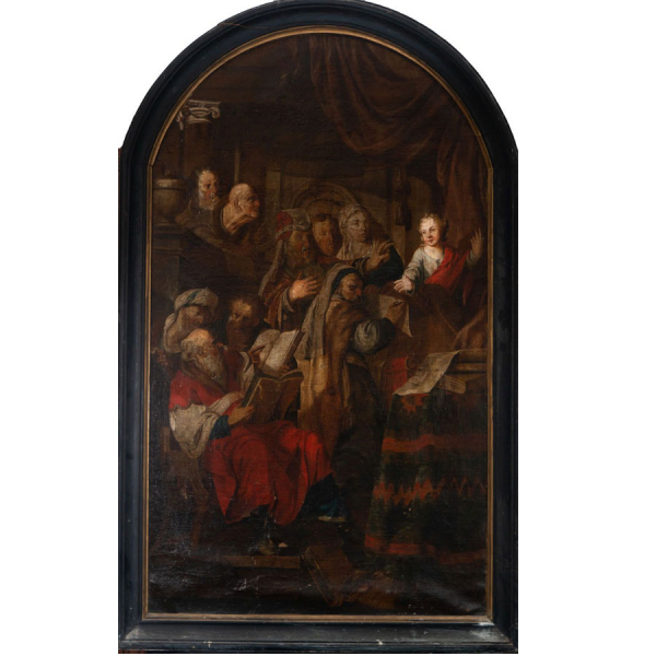 "Jesús predicando a los Rabinos en el Templo" Escuela Flamenca del siglo XVII.    Óleo sobre lienzo